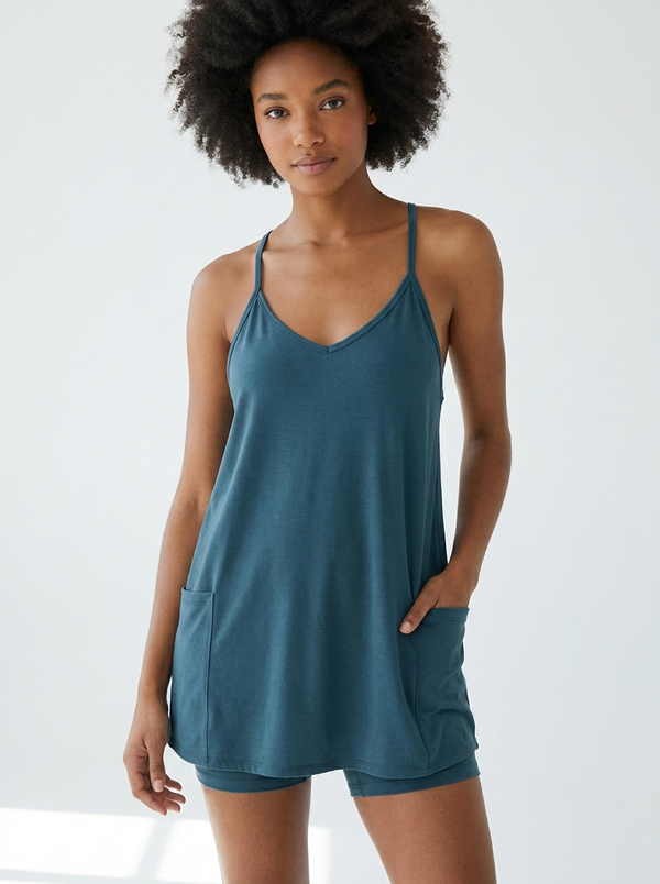 Renora Women's Sleeveless Mini Dress with Built-in Shorts — V Neck Spaghetti Strap Athletic Dress with Pockets