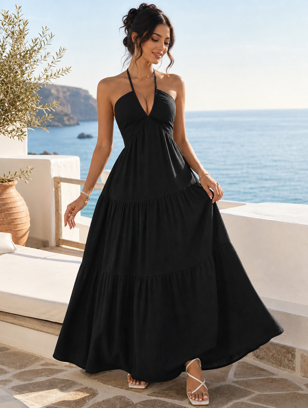 Renora Women's Sleeveless Backless Maxi Dress — Halter Neck Tiered Summer Beach Dress