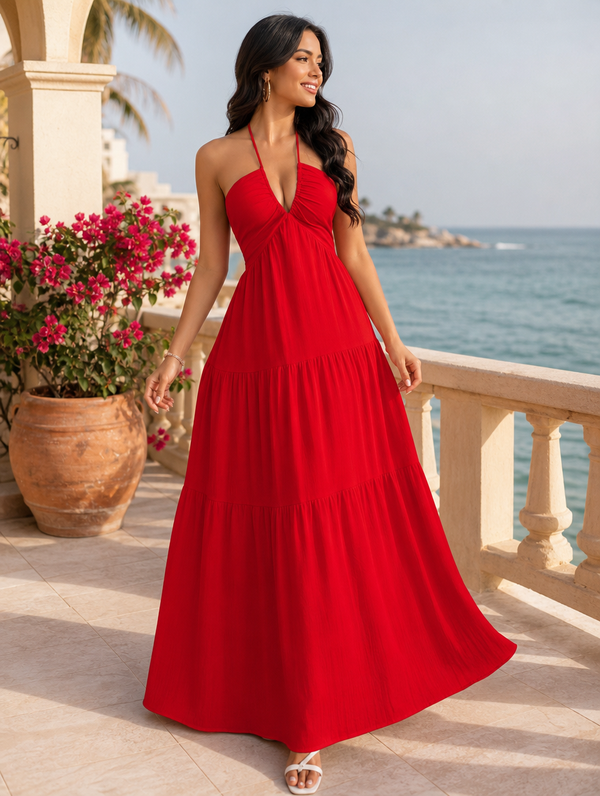 Renora Women's Sleeveless Backless Maxi Dress — Halter Neck Tiered Summer Beach Dress