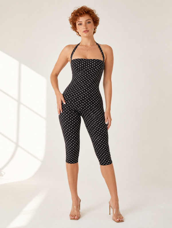 Renora Women's Polka Dot Halter Bodycon Jumpsuit — Elegant Retro Sleeveless Romper