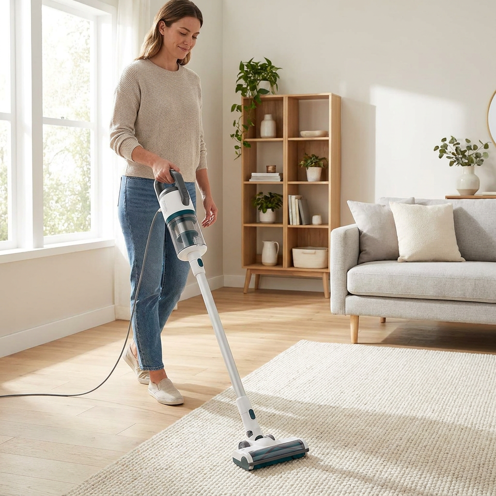 Renora stick vacuum cleaning hardwood and rug in a bright living room