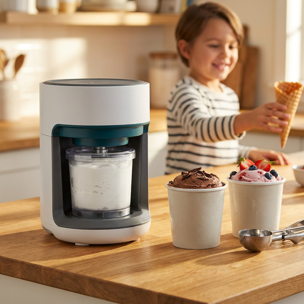 Renora frozen treat maker with fresh homemade pints in a sunny kitchen