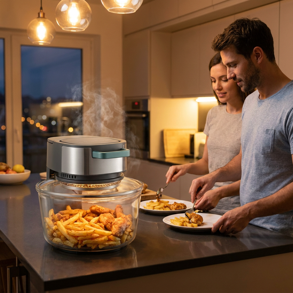Renora glass air fryer cooking dinner on a modern kitchen counter