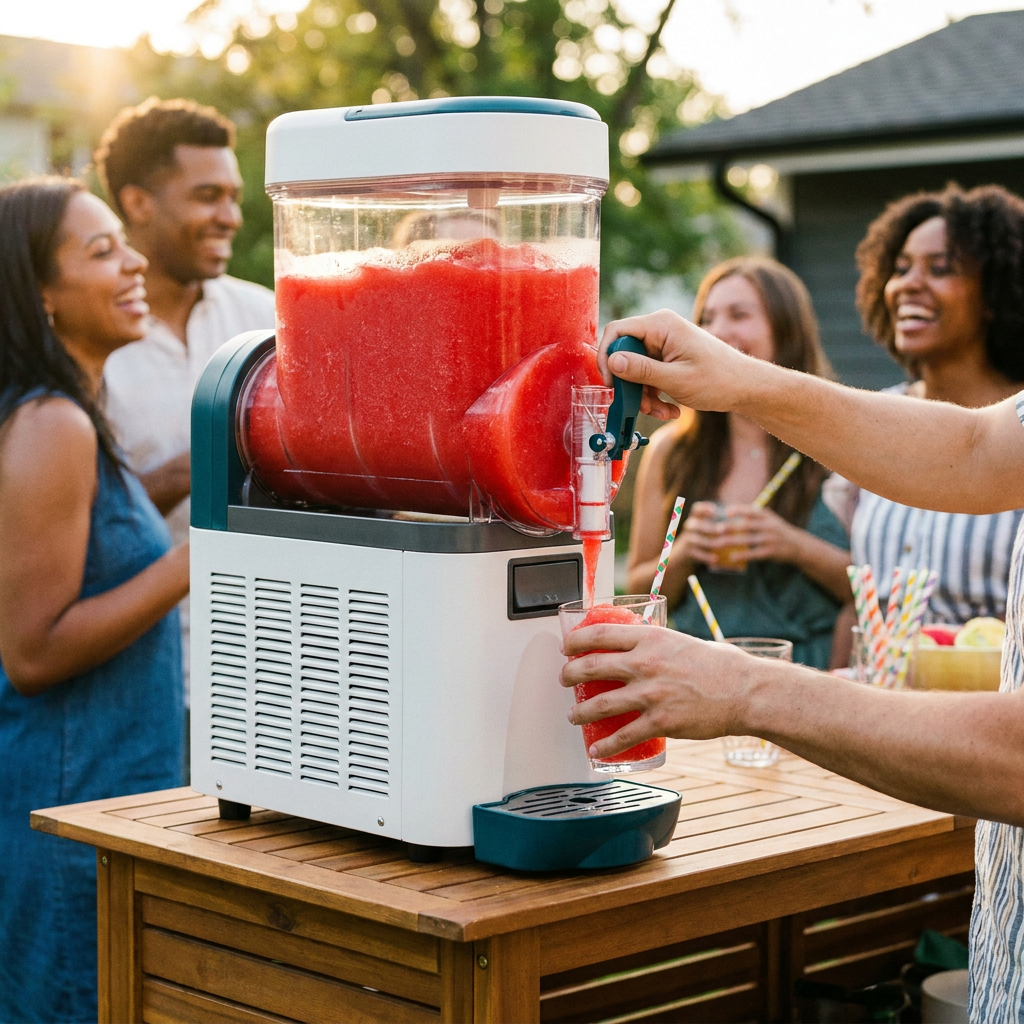 Renora slushy maker pouring frozen drinks at a backyard party