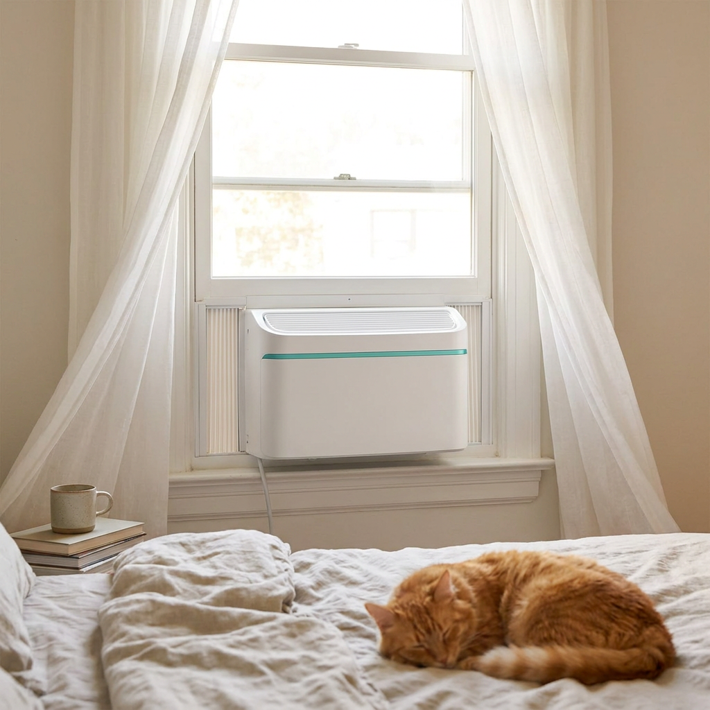Renora U-shaped window AC installed in a bright bedroom window