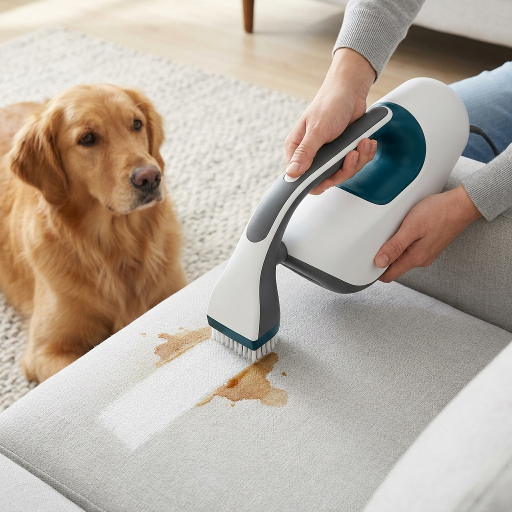 Renora spot cleaner lifting a stain from a sofa cushion