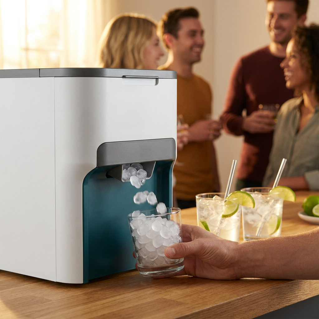 Renora nugget ice maker dispensing pebble ice at a home bar