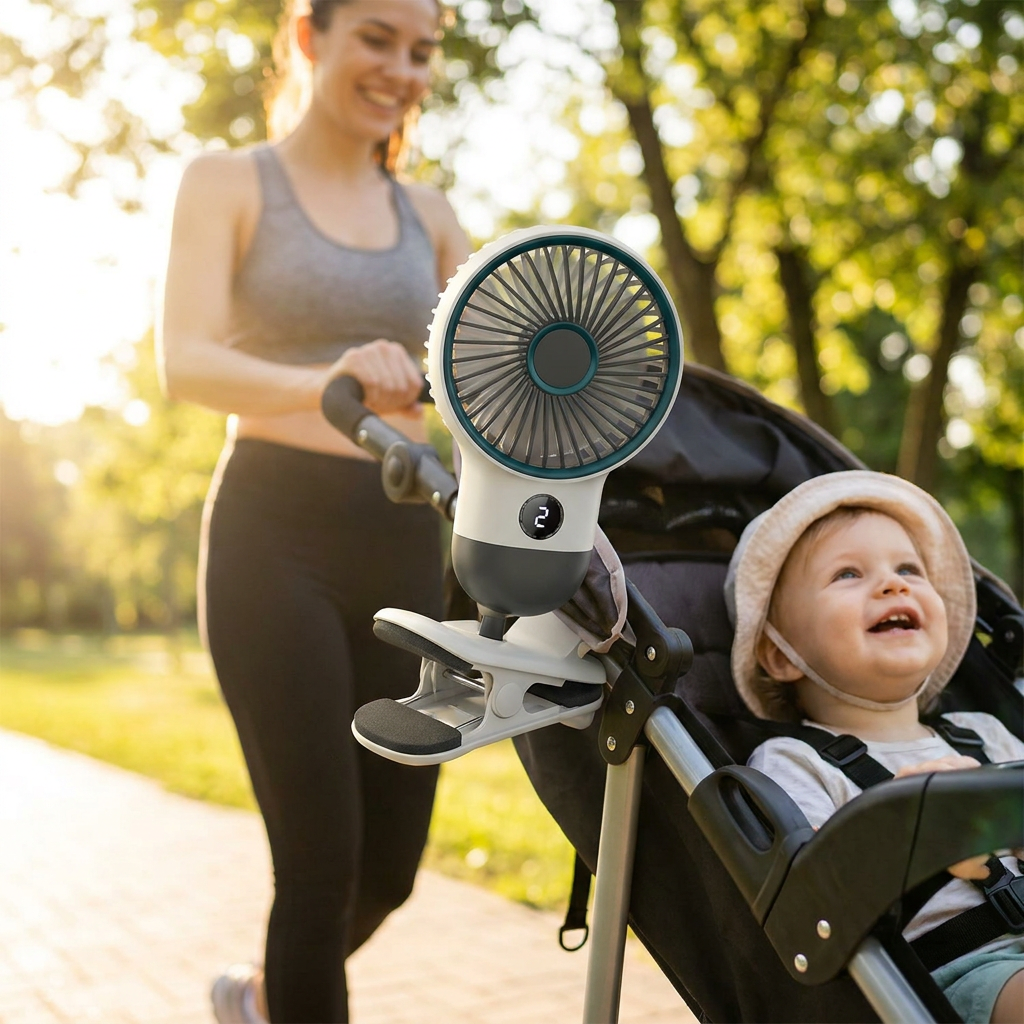 Renora clip-on fan cooling a stroller on a sunny walk