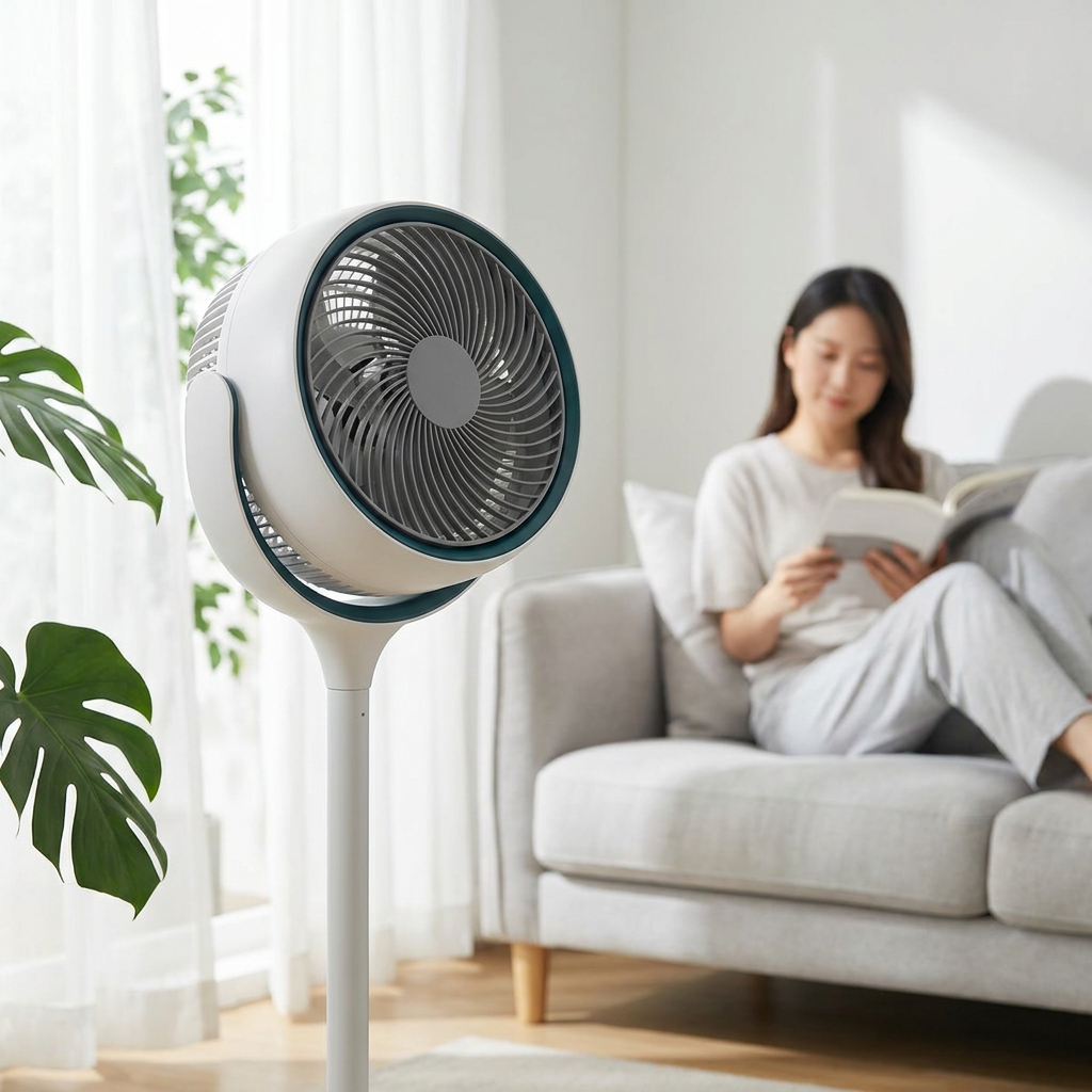 Renora standing circulator fan in a bright living room