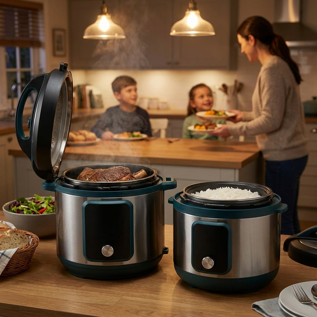 Renora pressure cooker and rice cooker serving a family dinner